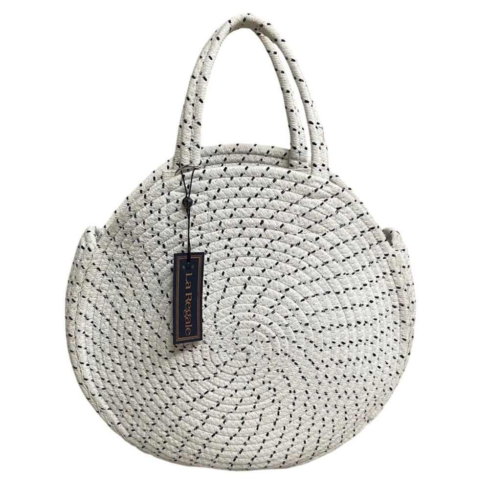 La Regale Round Rope‎ Bag Circle Tote Bag White speckled Accents woven NWT
